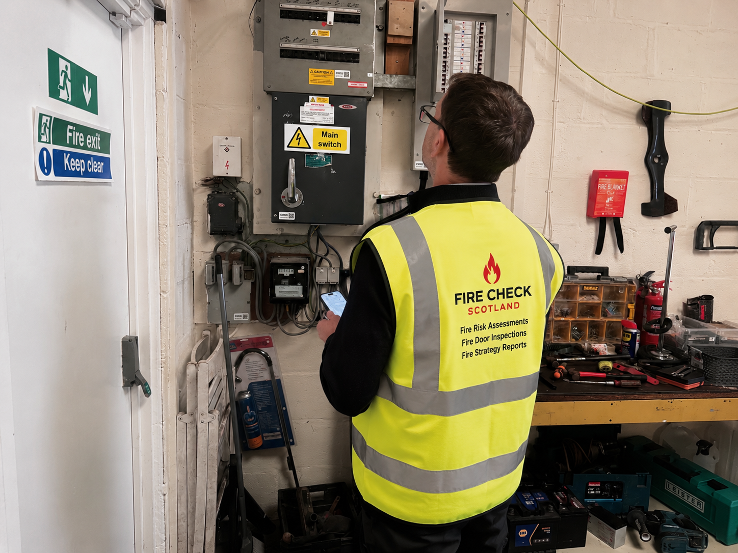Fire Check Scotland inspector in hi-vis vest carrying out an on-site fire safety inspection